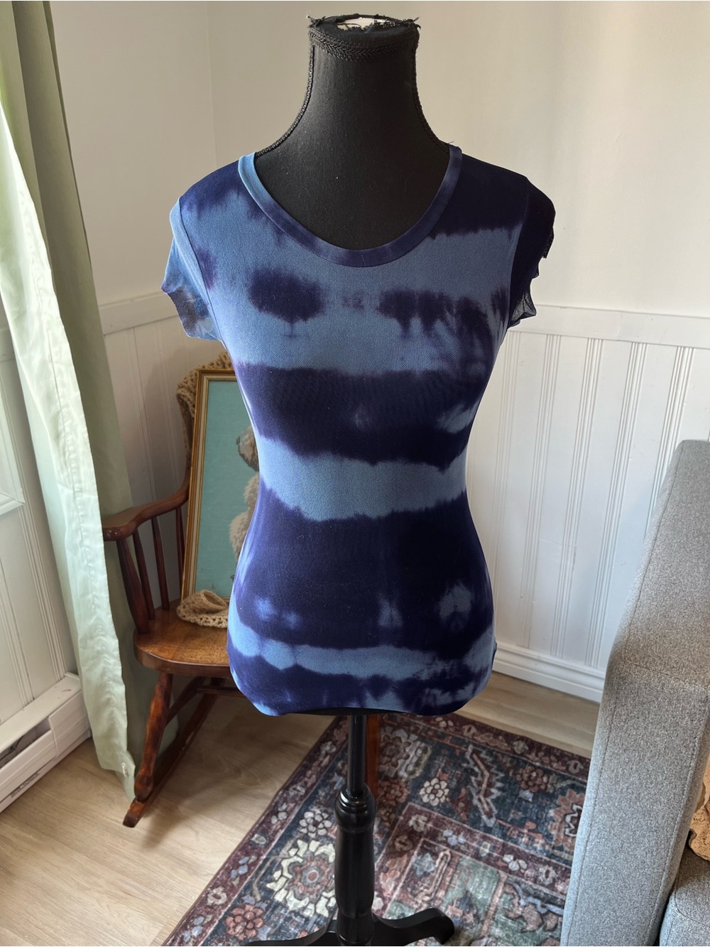Y2K Vintage Tie-Dye Cap Sleeve Scoop Neck Top Stretchy Sheer double layer XS